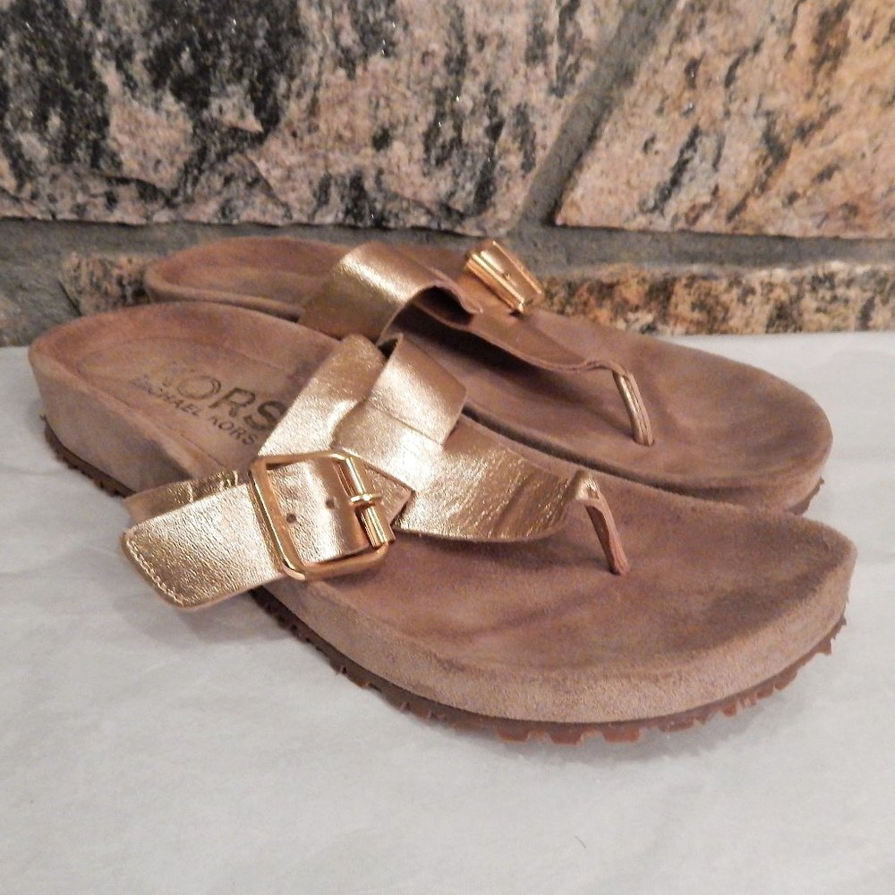 Michael Kors Sandal Lamb Leather Gold Metallic Adjustable Buckle Logo 7 Italy